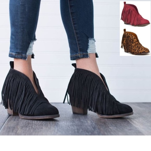 Black Suede Fringe Booties Ankle Boots - Picture 2 of 6